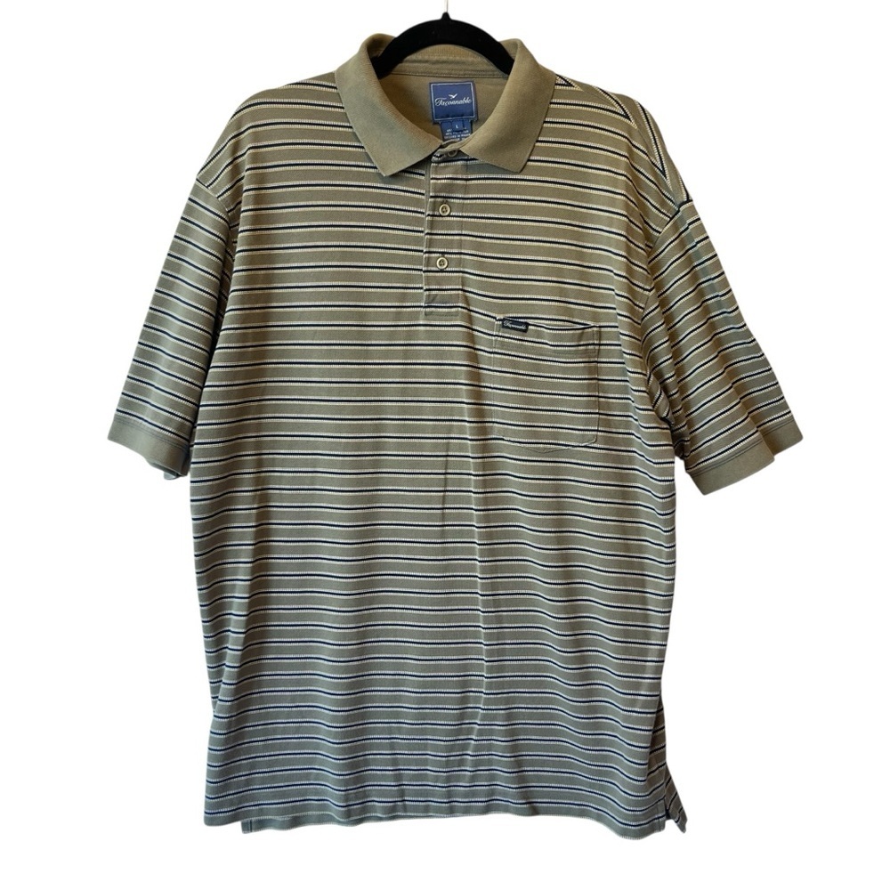 Faconnable knit Polo shirt L Green striped Mens Short sleeves Cotton Polyester
